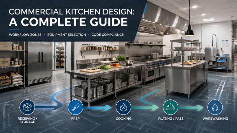 A commercial kitchen showing several workflow zones